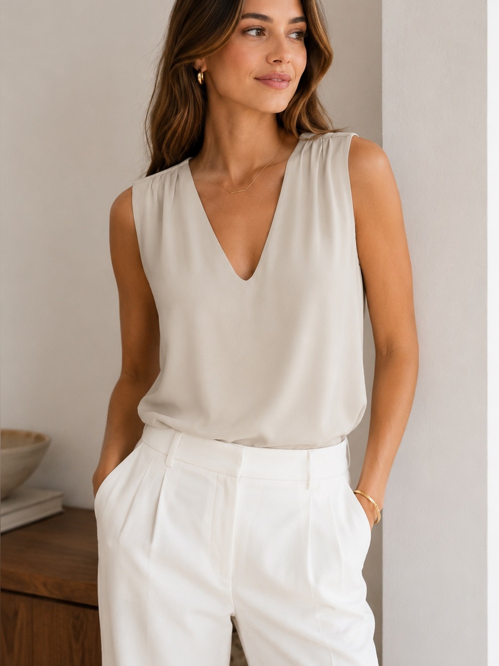 TART Collections S Beige Sleeveless V Neck Draped Shoulder Rayon Blend Blouse